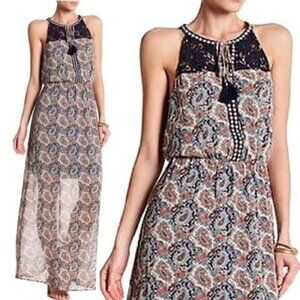 Daniel Rainn paisley navy  coral halter boho maxi dress Medium